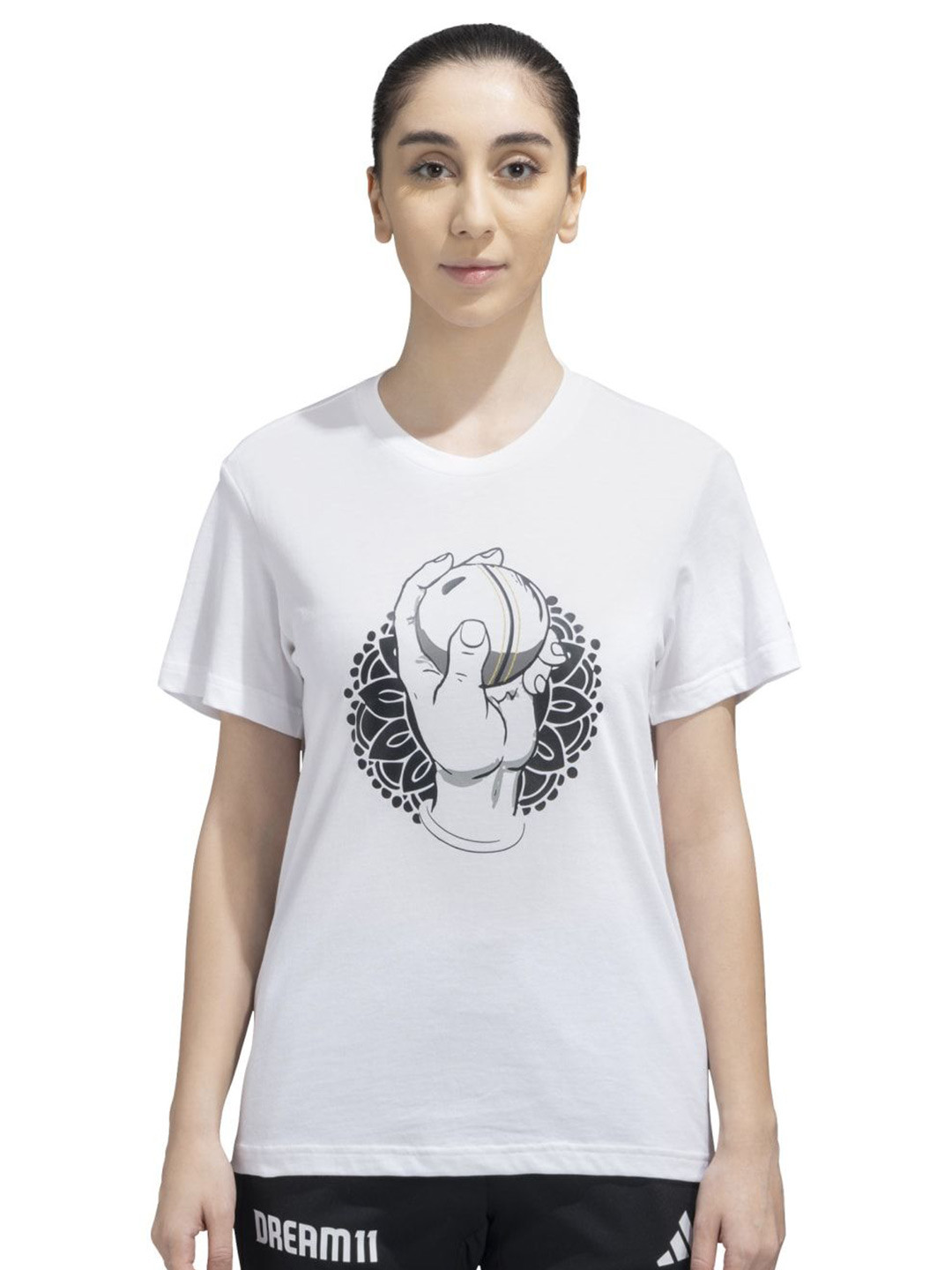 

ADIDAS Women Graphic Printed Round Neck Cotton T-shirt, White
