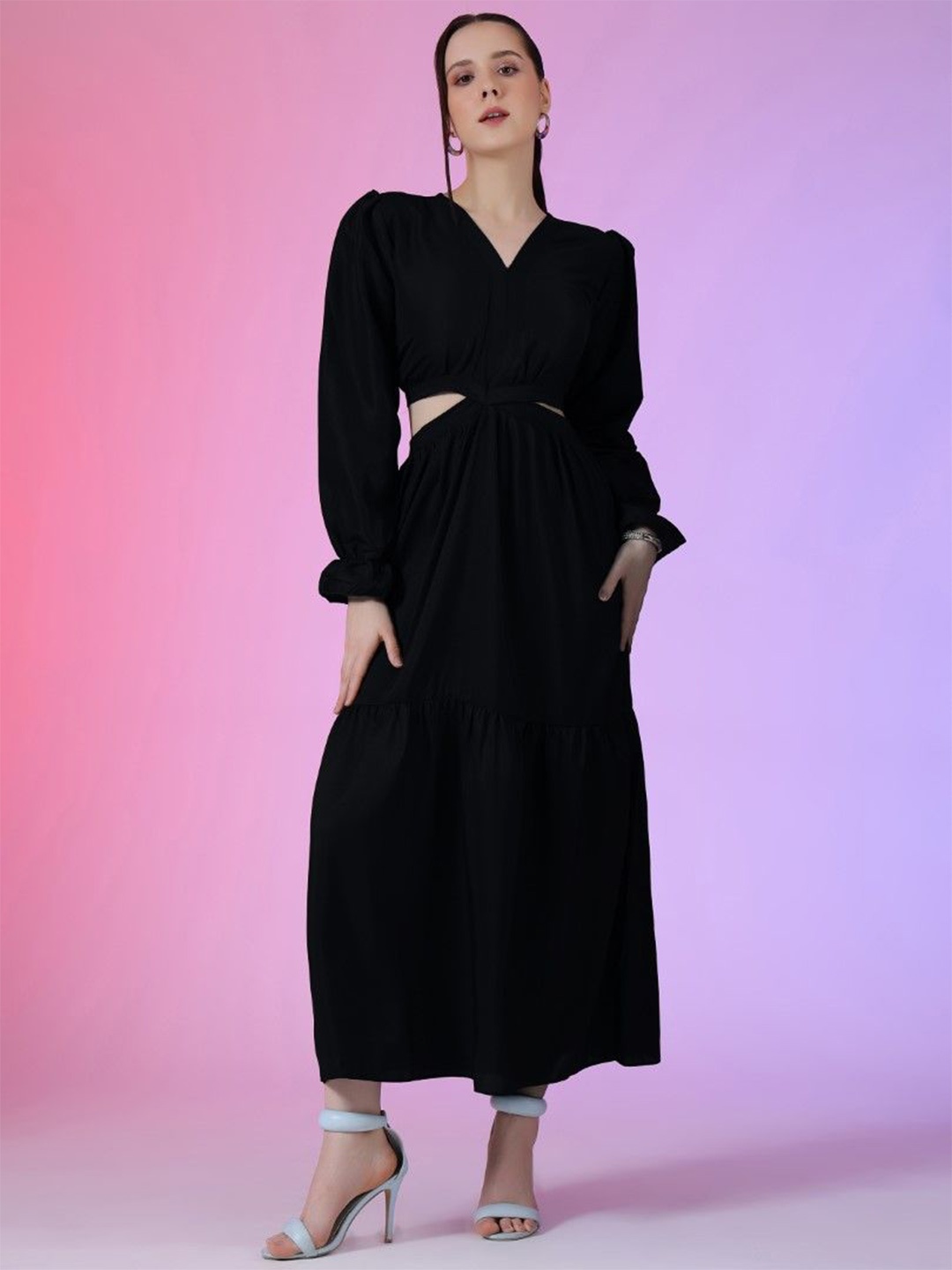 

Femvy Applique Crepe Fit & Flare Solid Maxi Dress, Black