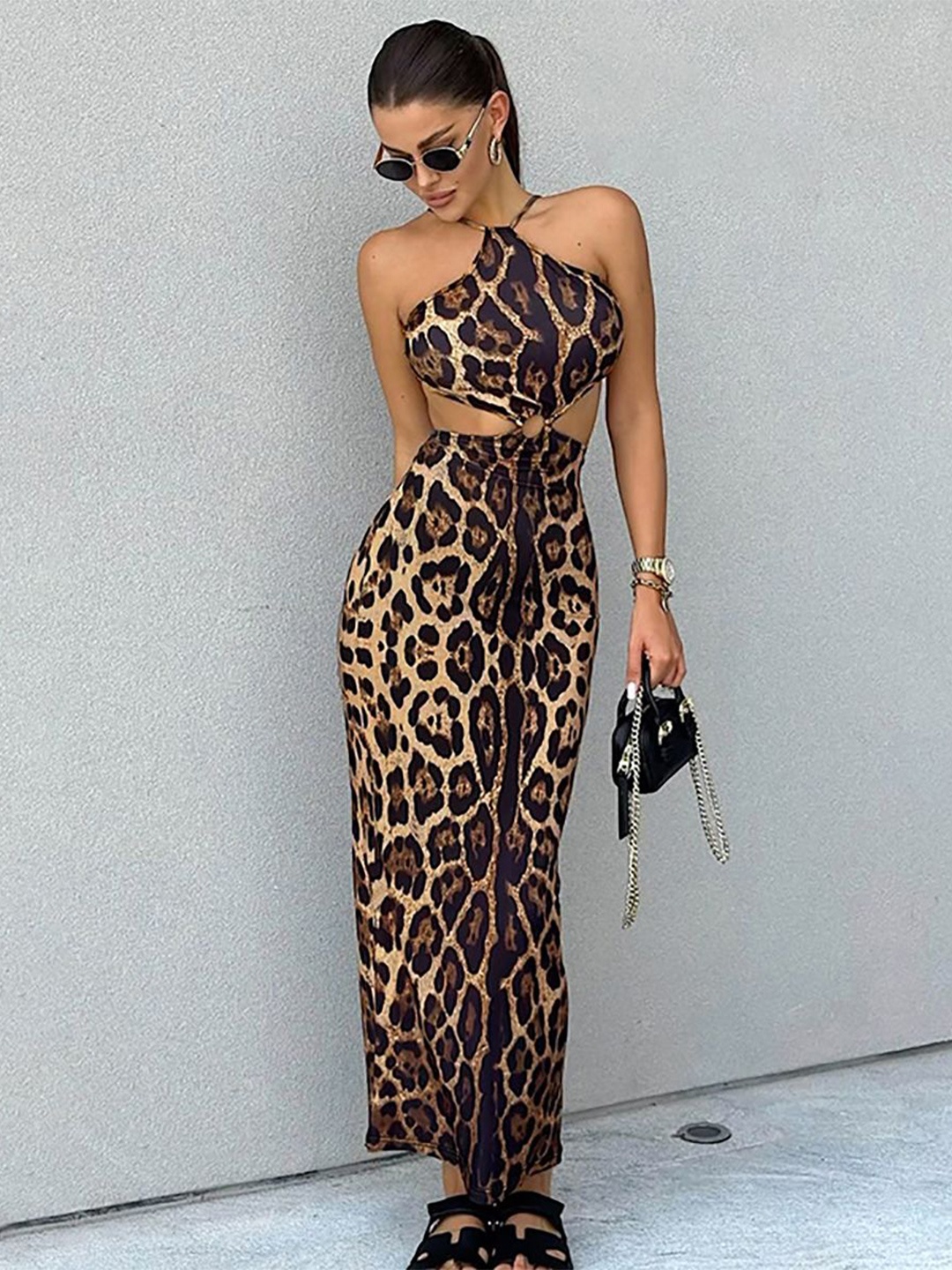 

StyleCast x Revolte Animal Printed Cut-out Detail Maxi Dress, Brown