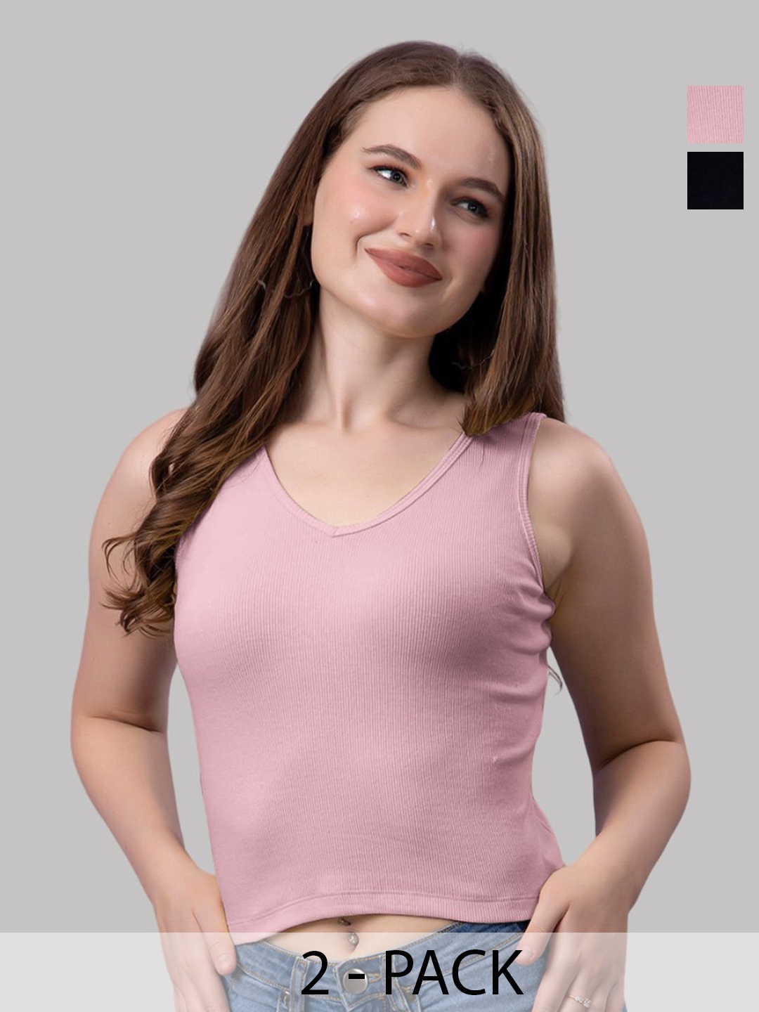 

Friskers Women Pack Of 2 Solid V-Neck Cotton Tops, Black