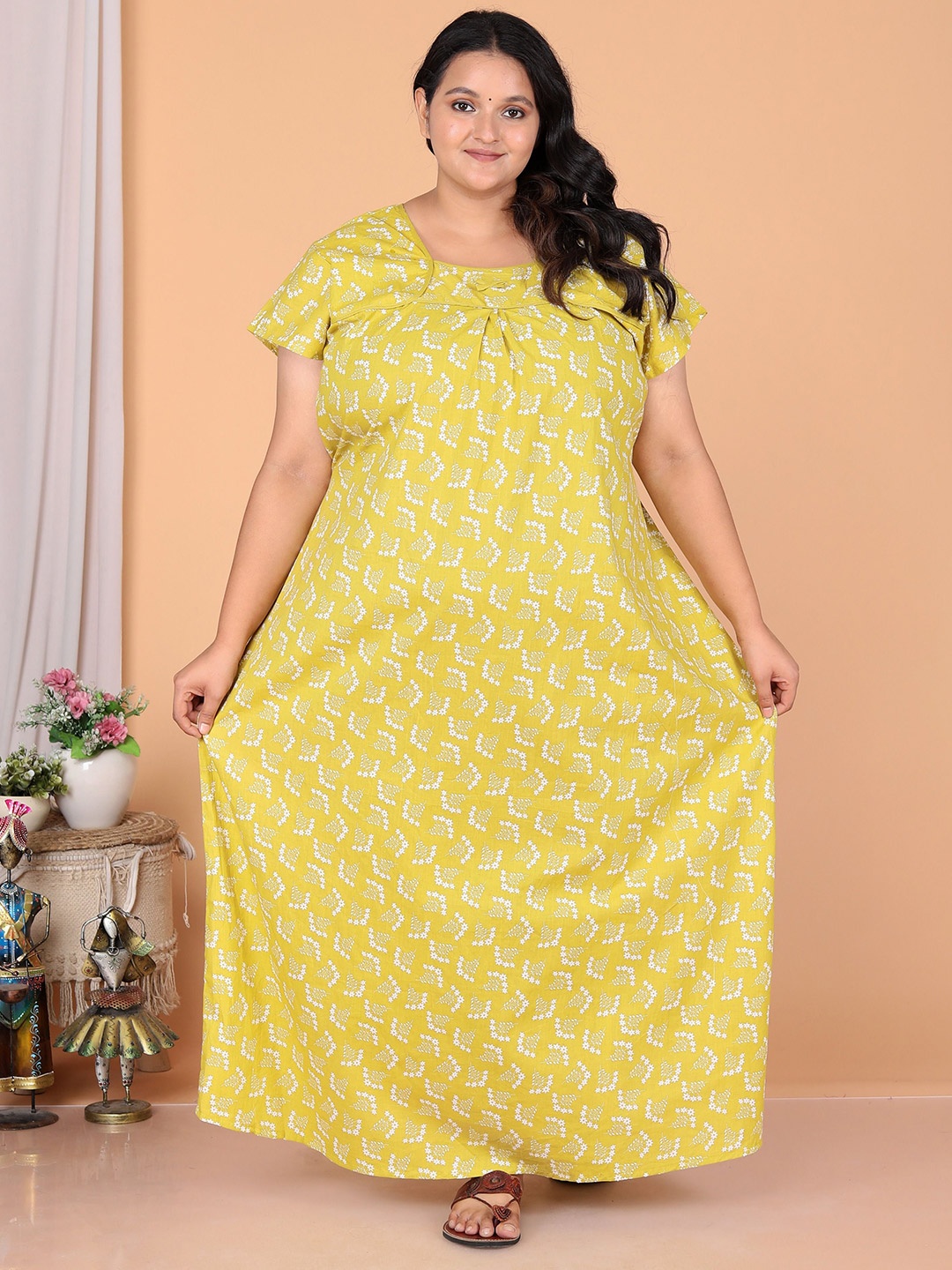 

JAIPZZ APPARELS Printed pure cotton Maxi Nightdress, Yellow