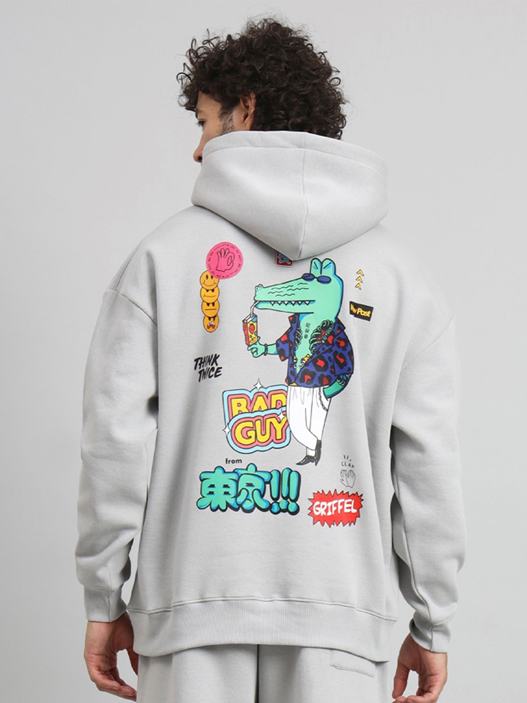 

GRIFFEL Men Graphic Printed Hood Fleece Pullover Sweatshirt, Grey melange