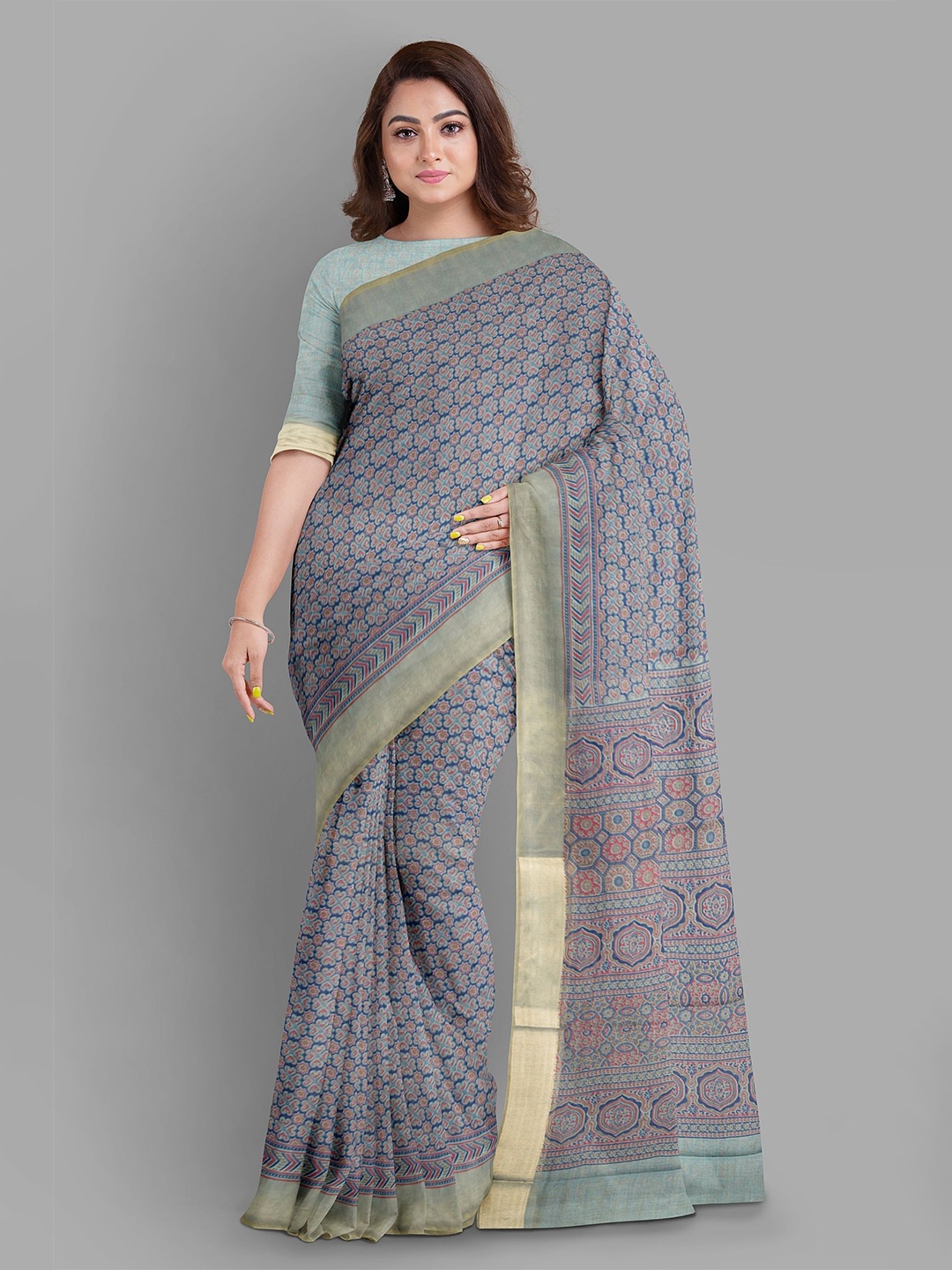 

The Chennai Silks Ajrak Zari Pure Cotton Chanderi Saree, Blue
