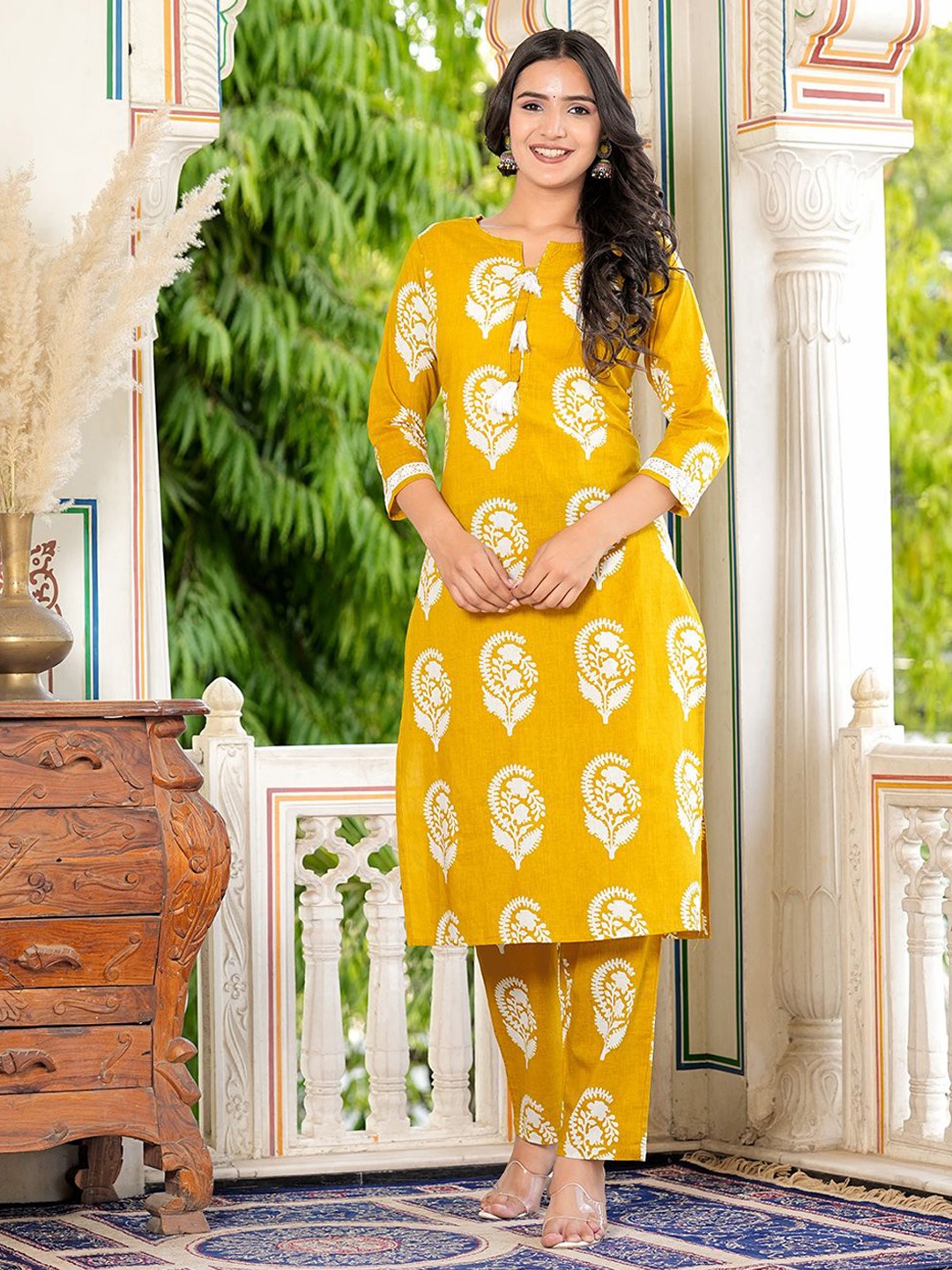 

KALINI Ethnic Motifs Printed Pure Cotton Kurta with Trouser, Yellow