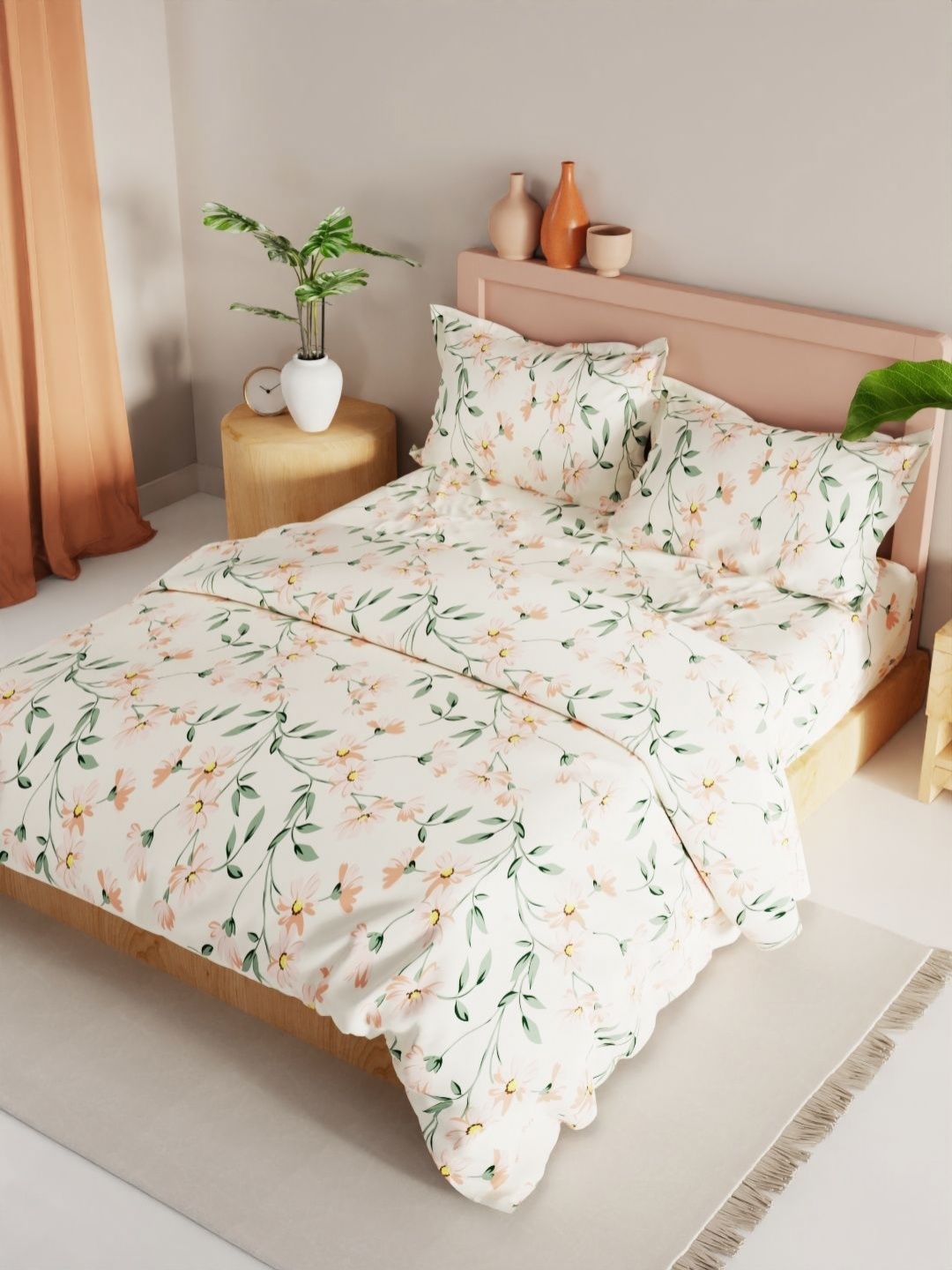 

KOPA Beige 4 Pieces Floral Printed Microfiber Double Queen Regular Bedding Set