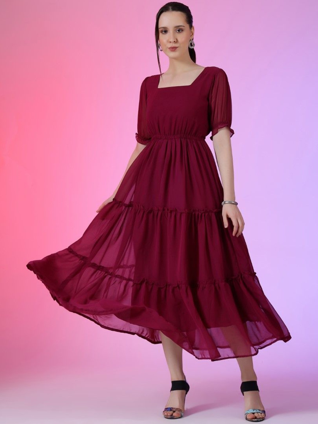 

Krunal Raiyani Puff Sleeve Applique Georgette Fit & Flare Maxi Dress, Magenta