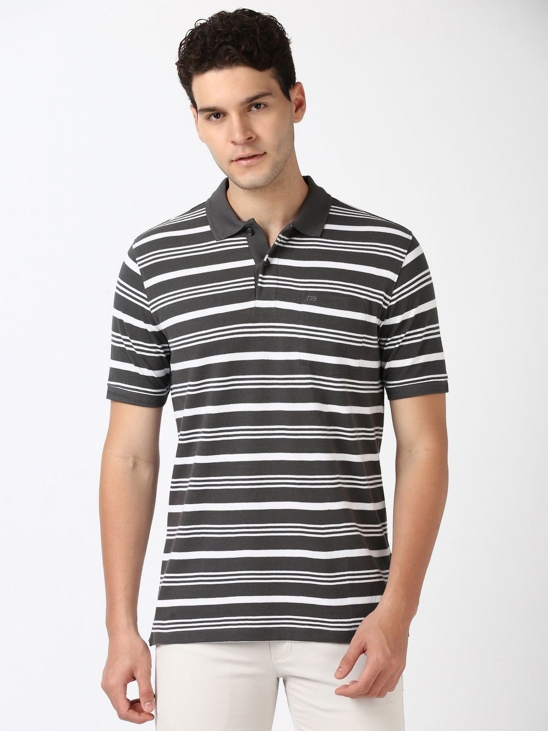 

Peter England Men Striped Polo Collar Cotton T-shirt, Grey