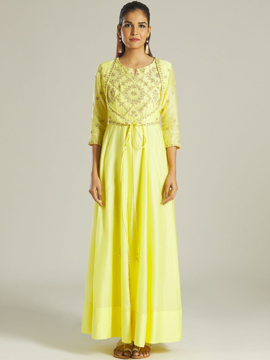 

Samyukta Singhani Ethnic Motifs Embroidered Silk Maxi Ethnic Dress With Dupatta, Yellow