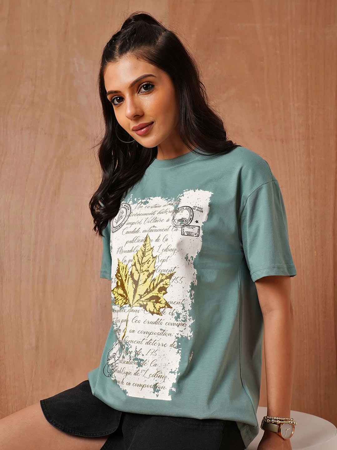 

The Roadster Lifestyle Co. Women Graphic Printed Round Neck Cotton Oversized T-shirt, Sea green