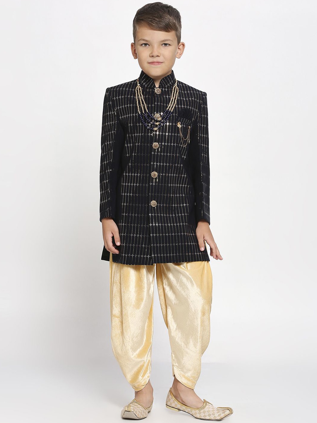 

YK Kids-Boys Embellished Pure Silk Velvet Sherwani Set, Black