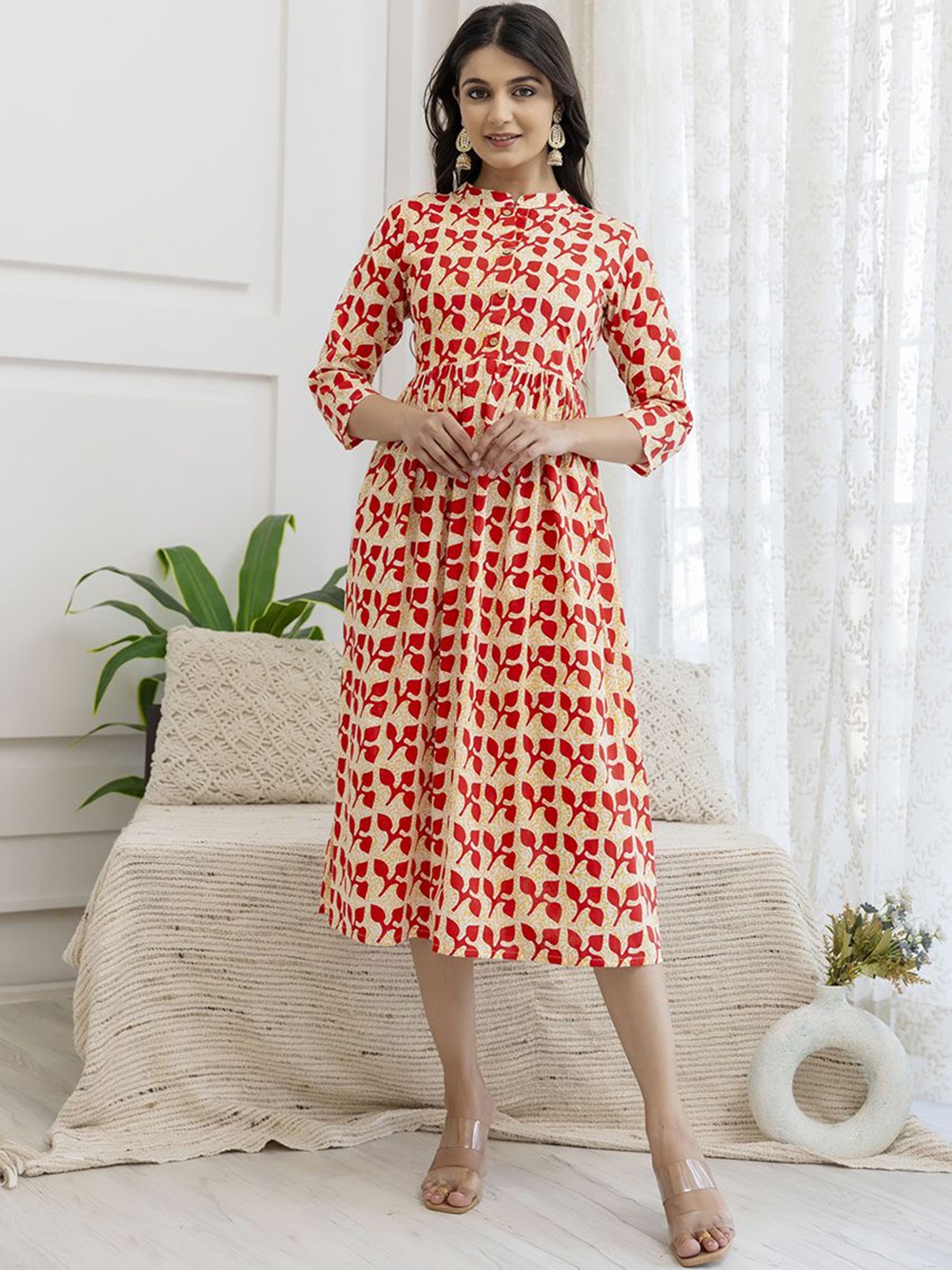 

KALINI Geometric Printed Mandarin Collar Fit & Flare Dress, Beige