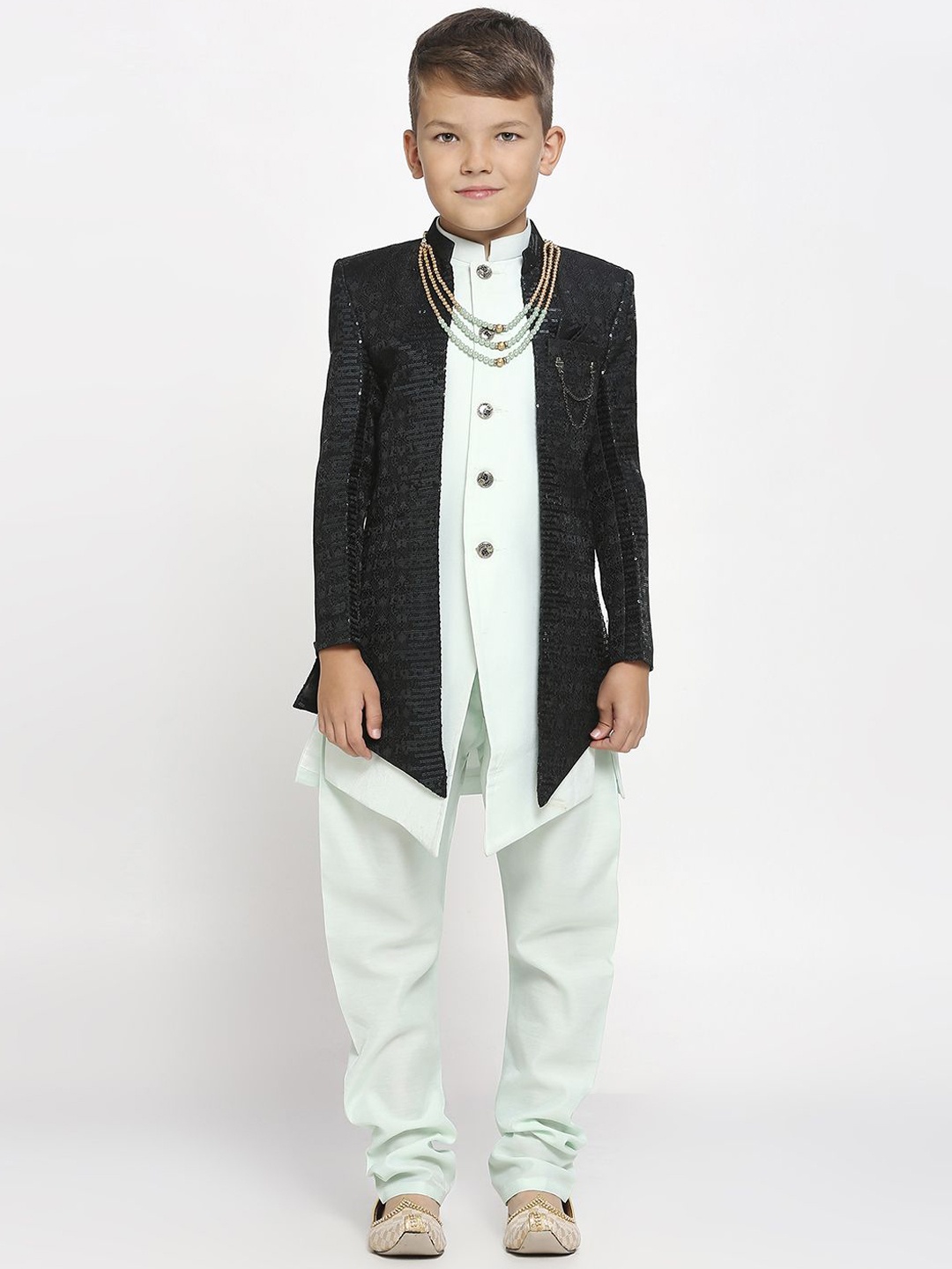 

YK Kids-Boys Embellished Pure Cotton Pure Silk Sherwani Set, Olive