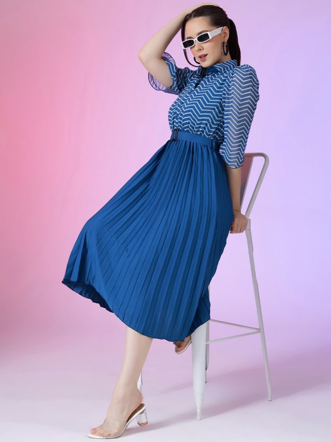 

Femvy Women Shirt Collar Puff Sleeve Striped Accordion Pleated Fit & Flare Maxi Dress, Blue