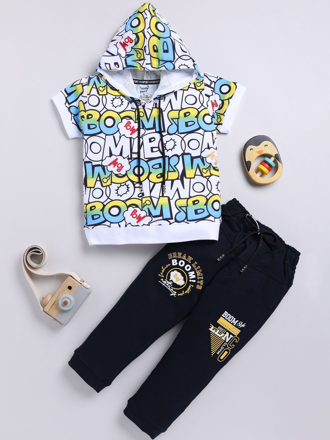 

Toonyport Boys Typographic Printed Hooded Pure Cotton T-shirt with Trousers, Yellow