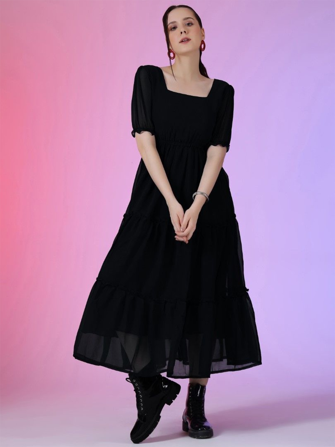 

Raiyani Enterprise Women Puff Sleeve Fit & Flare Maxi Dress, Black