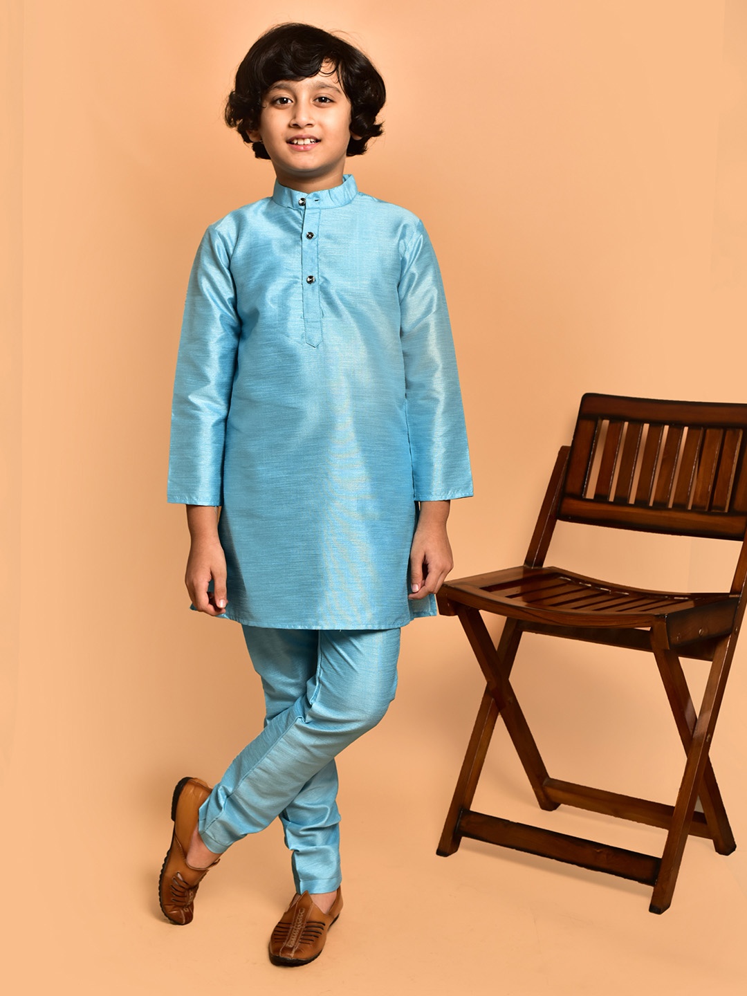 

PRINTCULTR Boys Band Collar Neck Three-Quarter Sleeves Kurta & Churidar, Blue