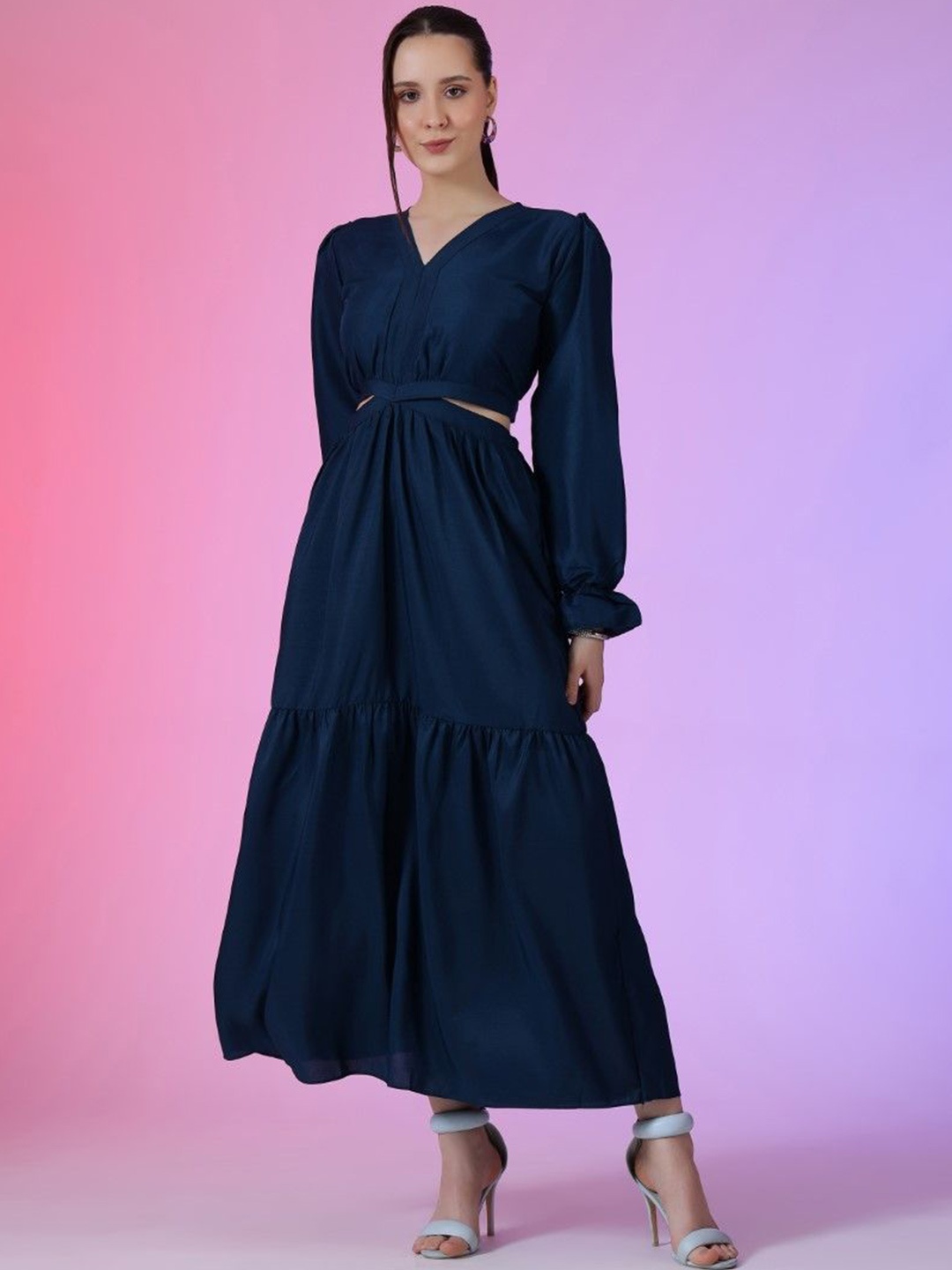 

Femvy Women V-Neck Puff Sleeves Cut-Outs Fit & Flare Maxi Dress, Blue