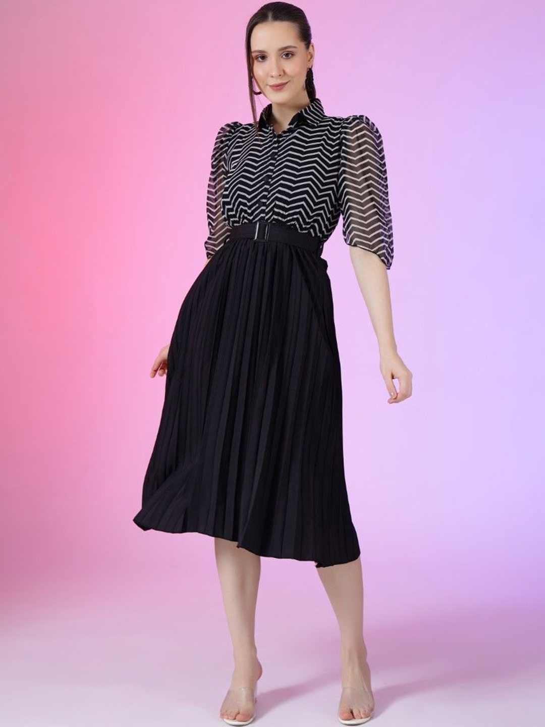

Femvy Women Striped Printed Puff Sleeve Applique Fit & Flare Maxi Dress, Black