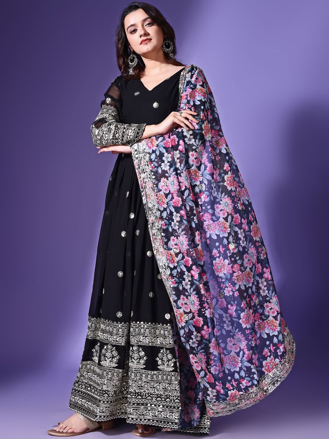 

KALINI Floral Embroidered Georgette Anarkali Ethnic Dress With Dupatta, Black