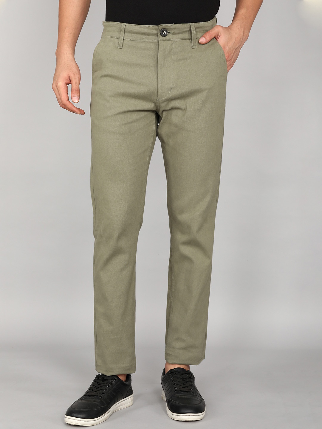 

WROGN Men Solid Slim Fit Cotton Chinos Trousers, Olive