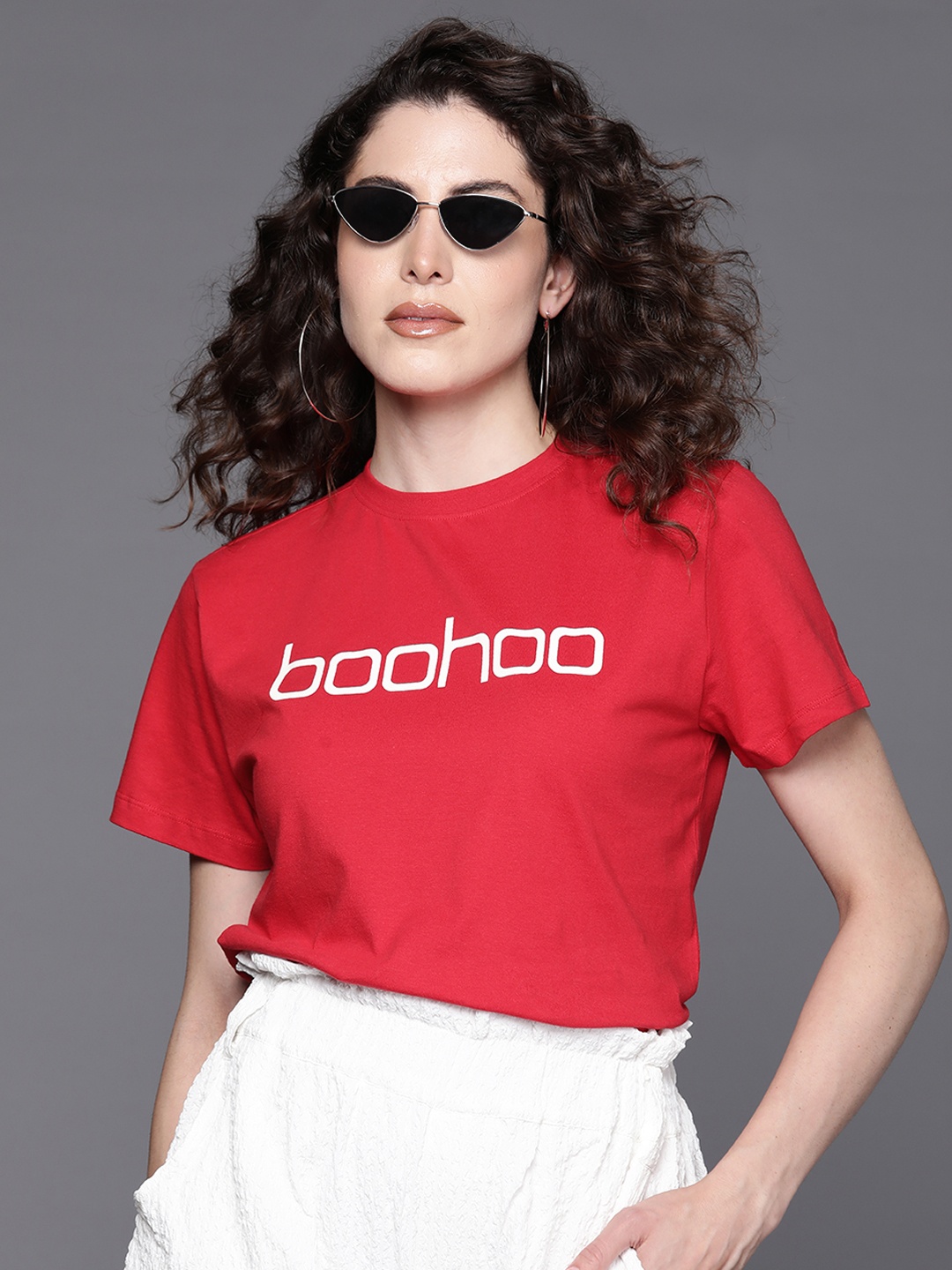 

Boohoo Logo Print Pure Cotton T-shirt, Red
