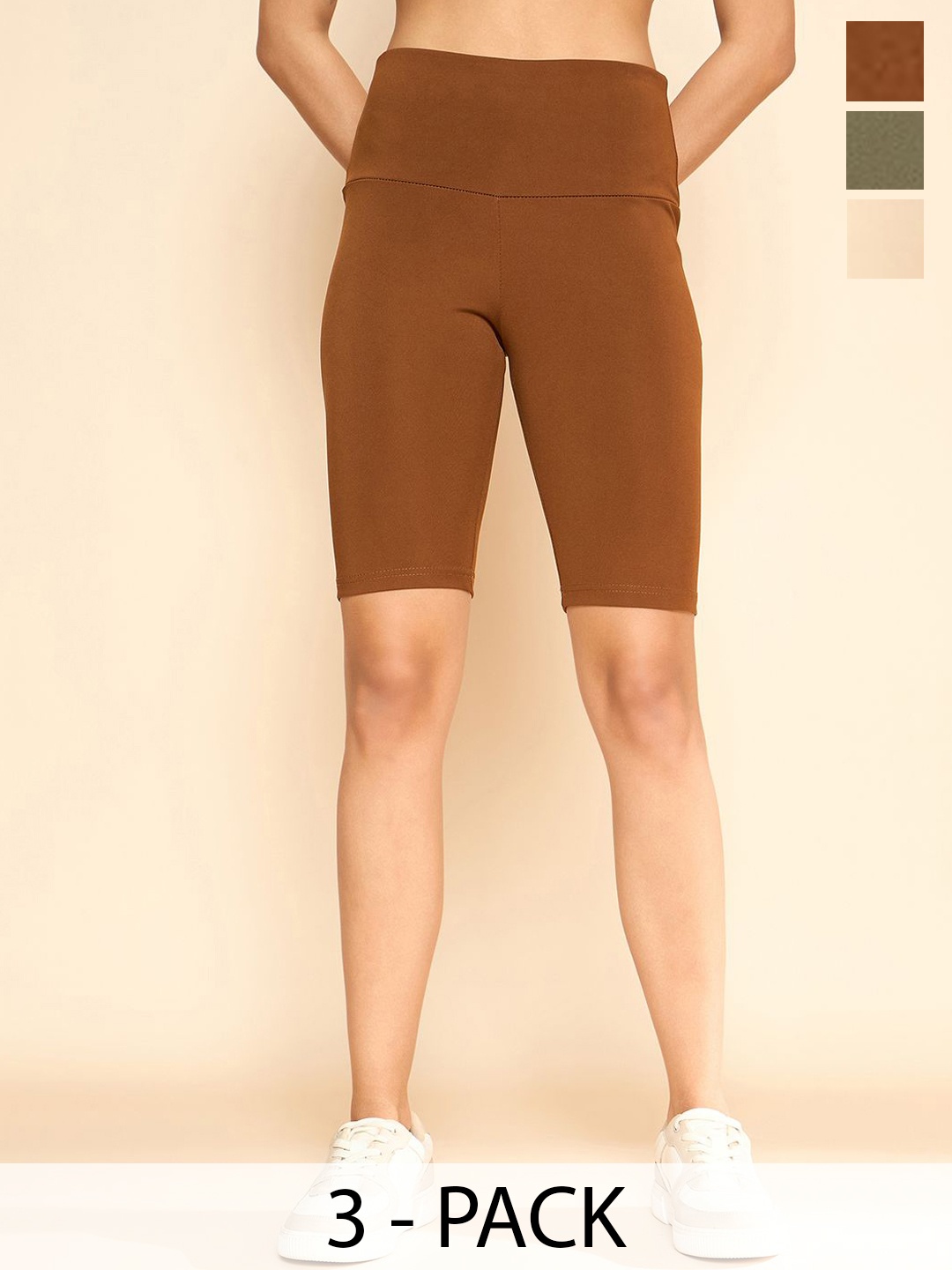 

COLOR CAPITAL Women Pack Of 3 High Rise Above Knee Cycling Tights, Brown