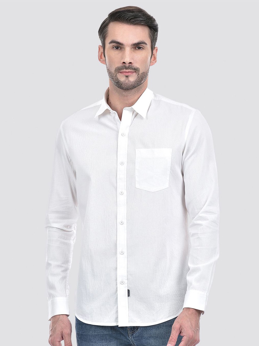 

Numero Uno Men Spread Collar Solid Cotton Slim Fit Casual Shirt, White