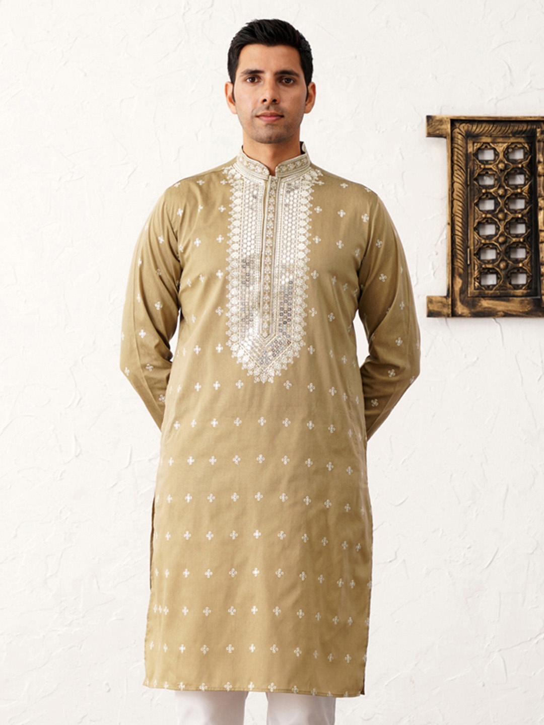 

Jompers Floral Embroidered Sequinned Work Mandarin Collar Straight Kurta, Beige