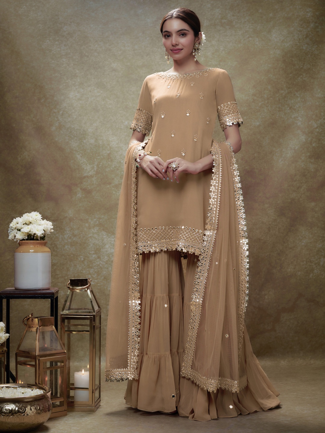 

Renee Label Floral Embroidered Regular Mirror Work Kurta With Sharara With Dupatta, Beige