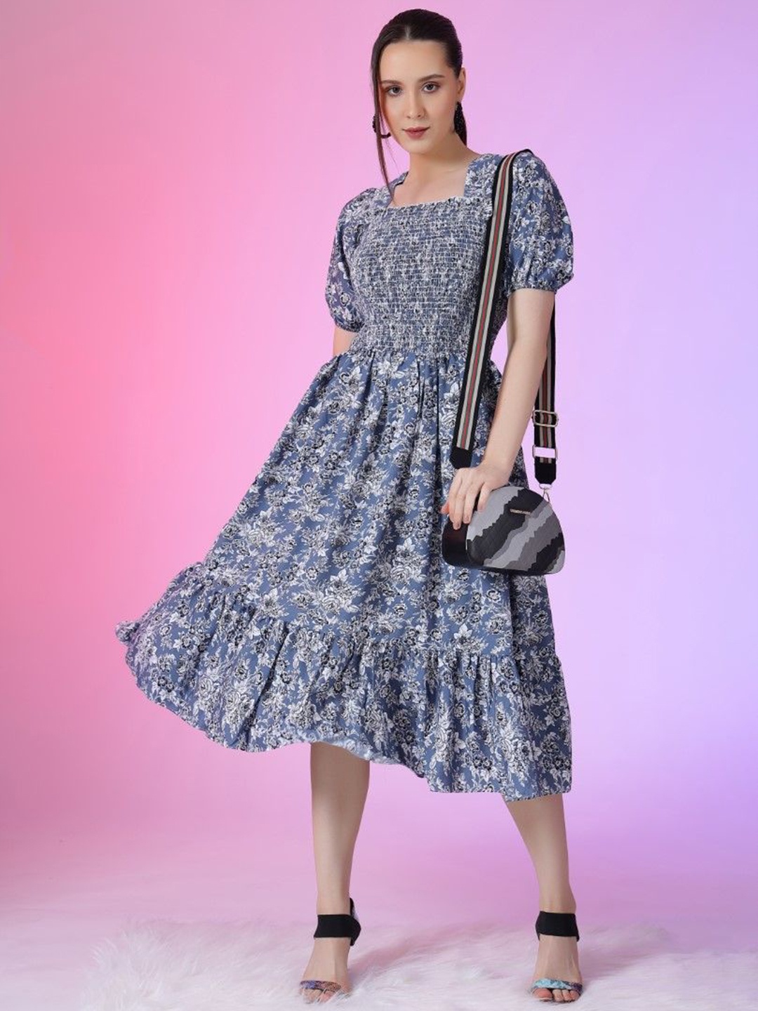 

Krunal Raiyani Floral Printed Puff Sleeve Smocked Details Fit & Flare Dress, Blue