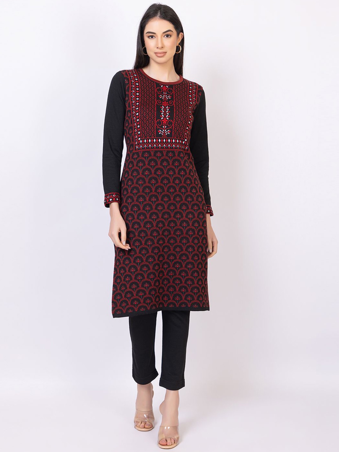 

KEIKO Floral Woven Design Thread Work Straight Acrylic Jacquard Straight Kurta, Black