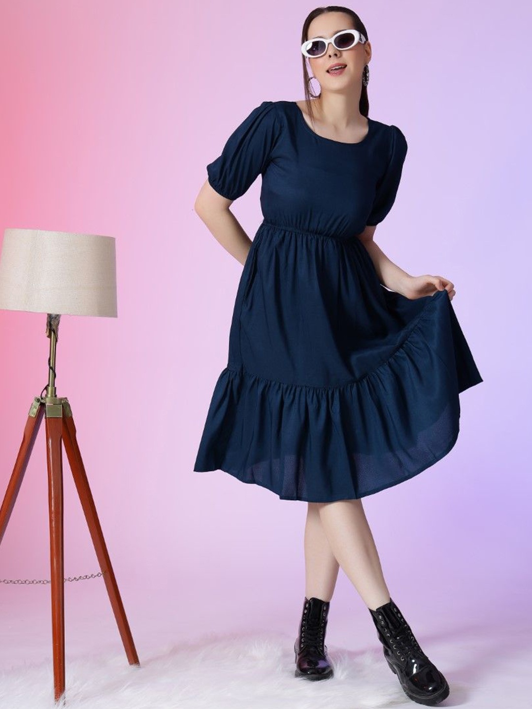 

Krunal Raiyani Women Puff Sleeve Fit & Flare Dress, Blue