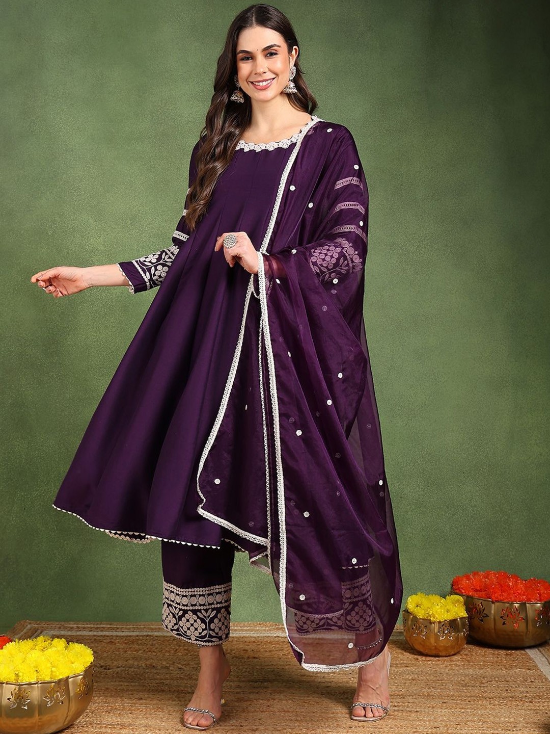 

AHIKA Round Neck Empire Thread Work Anarkali Kurta with Palazzos & Dupatta, Purple