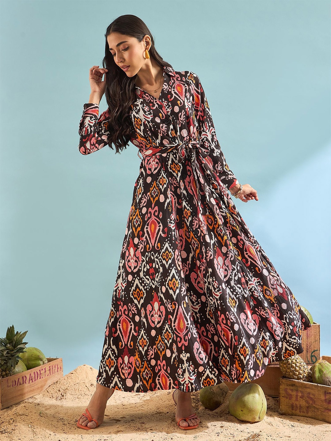 

PANIT Geometric Printed Shirt Collar Maxi Dress, Brown