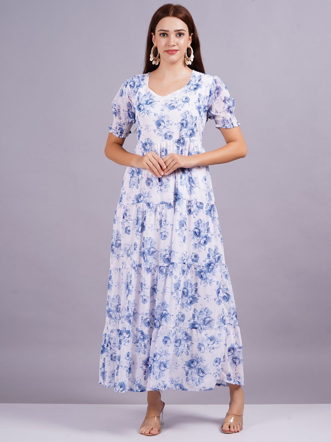 

KALINI Women Floral Print Georgette Maxi Dress, Blue