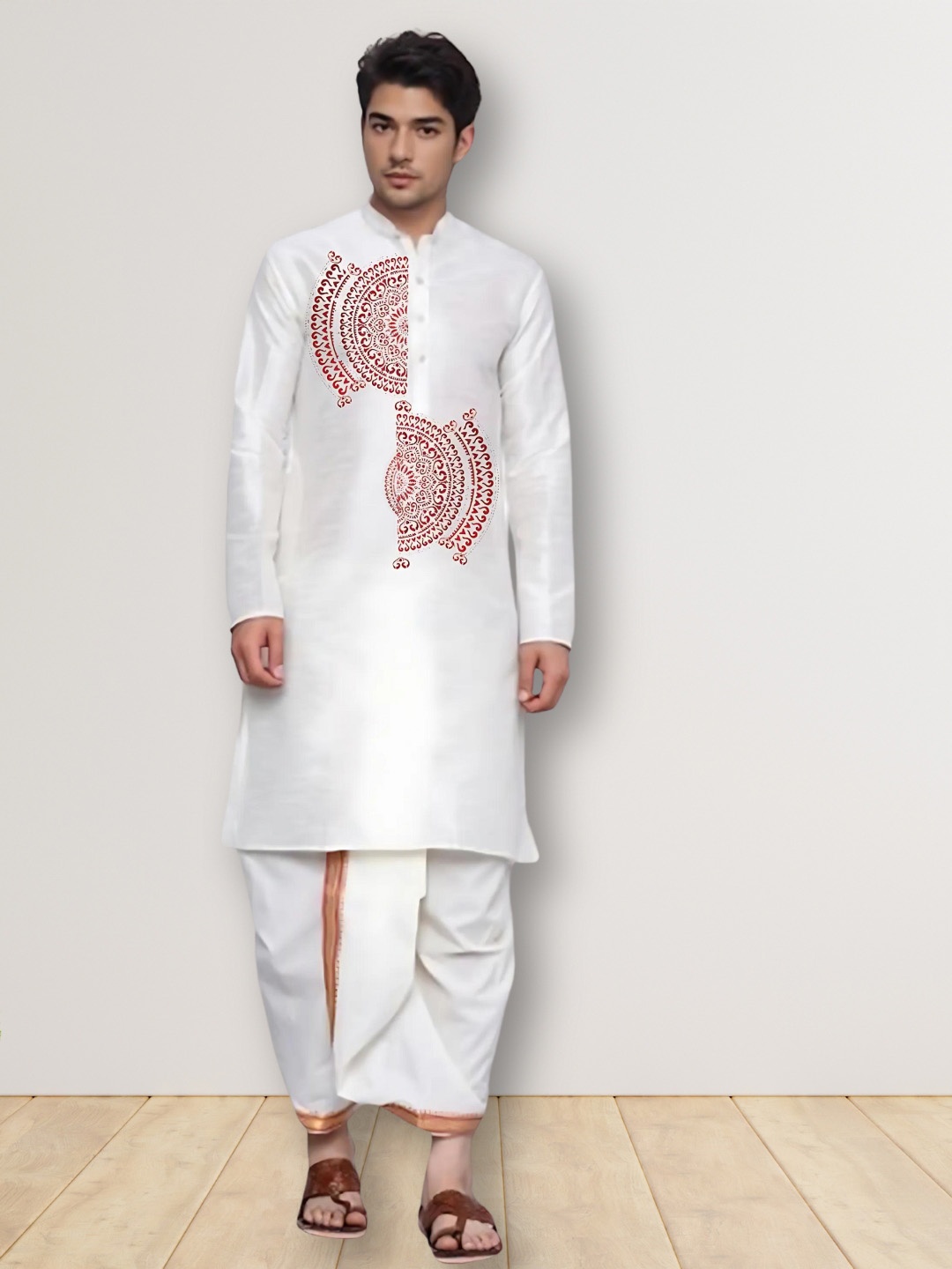 

DEVOILER Ethnic Motifs Printed Mandarin Collar Straight Kurta, White