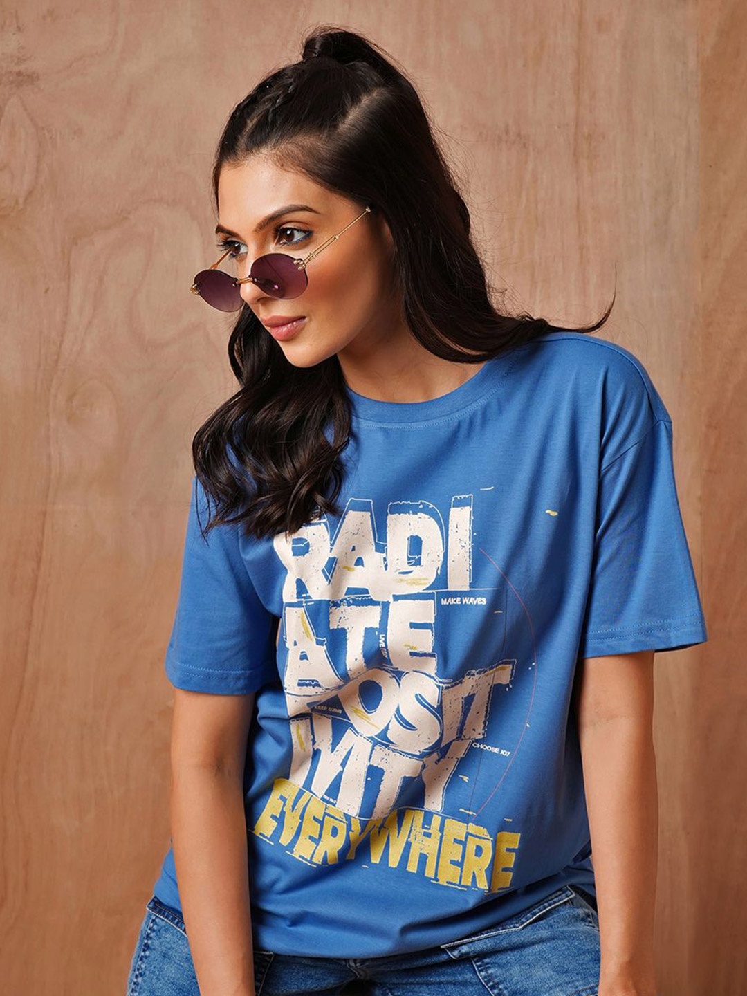

The Roadster Lifestyle Co. Women Typography Printed Round Neck Cotton Oversized T-shirt, Blue
