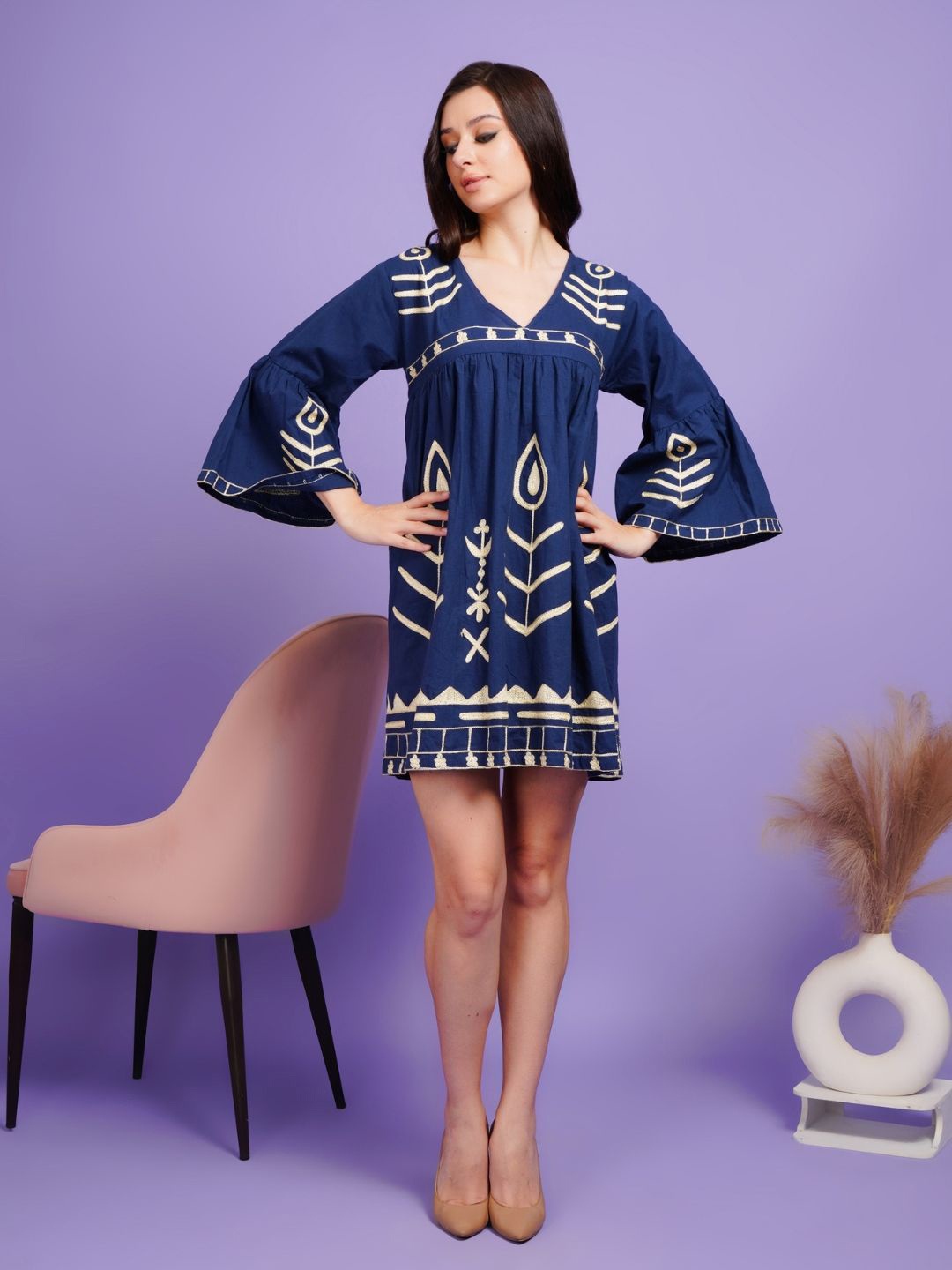 

Boholyfe Women Embroidered A-Line Long Dress, Navy blue