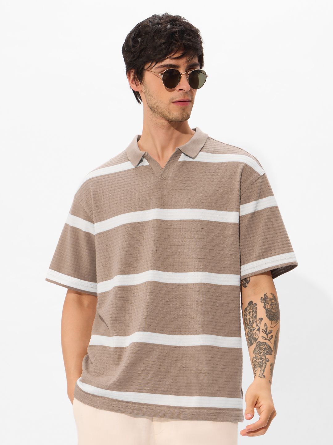 

The Souled Store Men Striped Polo Collar Cotton Oversized T-shirt, Brown