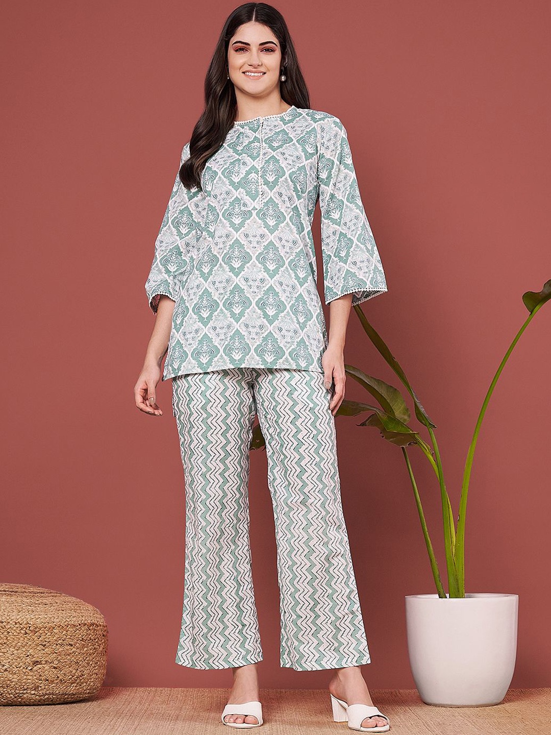 

ETC Floral Printed Pure Cotton Top With Trousers, White