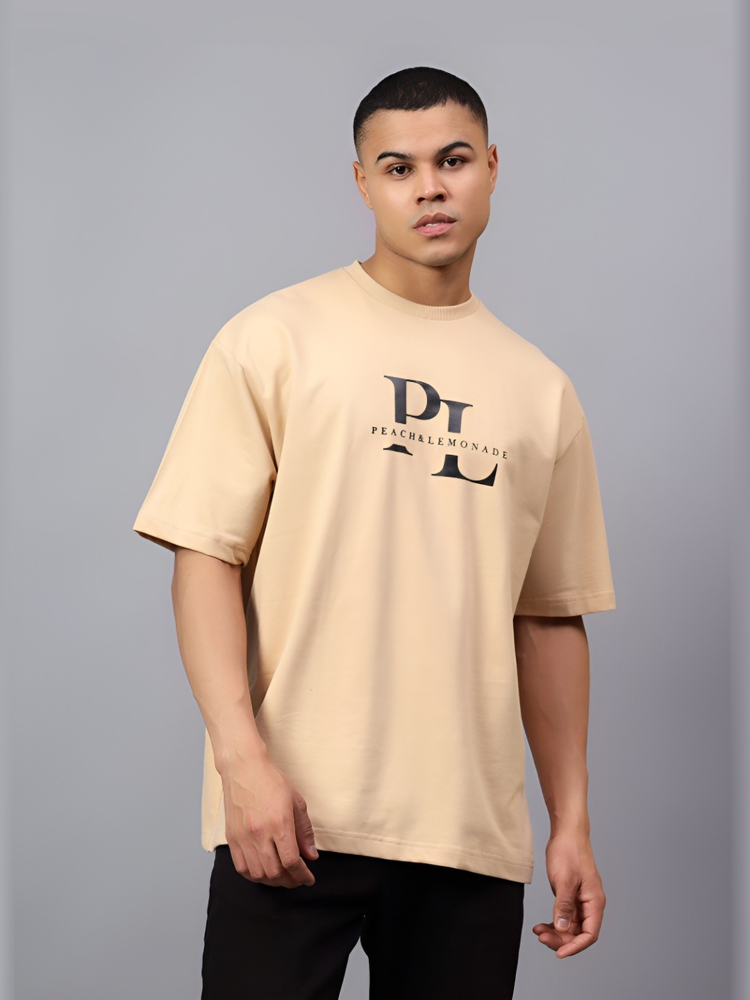 

Peach & Lemonade Men Typography Printed Round Neck Cotton Oversized T-shirt, Beige