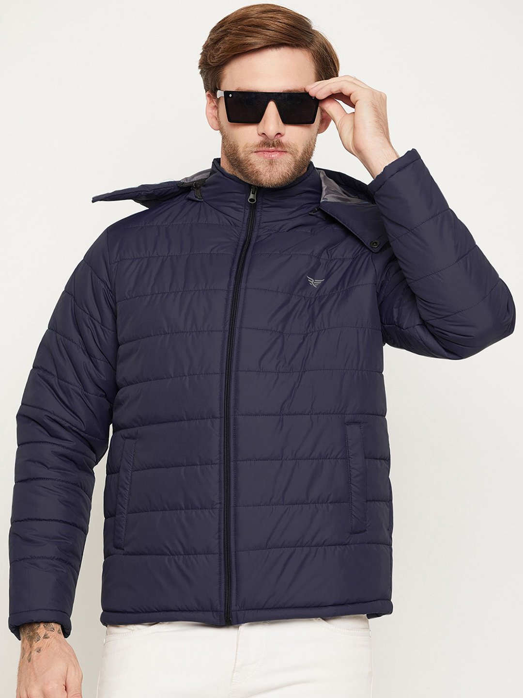 

RISS Men Hooded Solid Casual Padded Jacket, Navy blue
