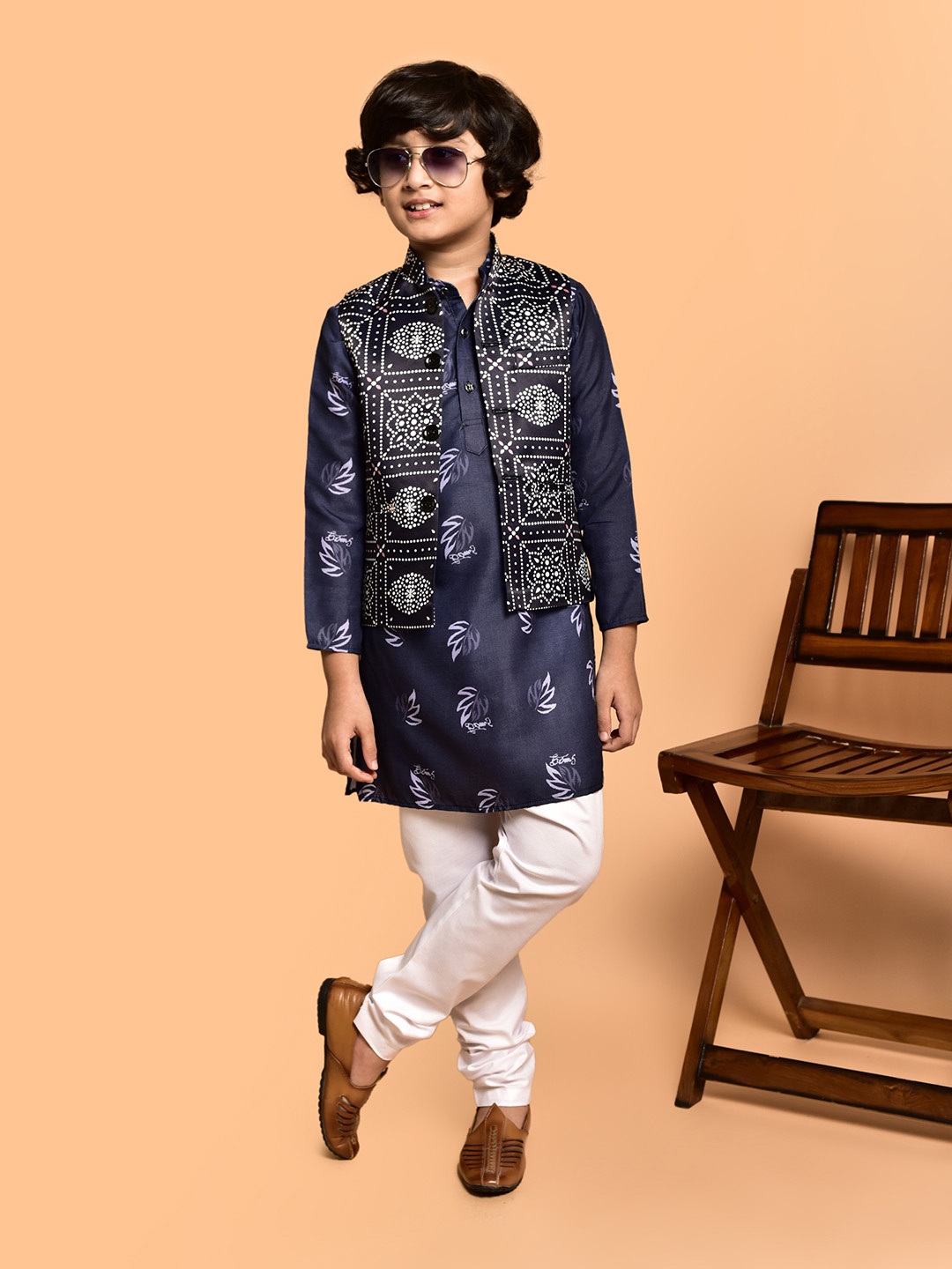 

PRINTCULTR Boys Ethnic Motifs Printed Mandarin Collar Straigh Kurta with Churidar, Navy blue