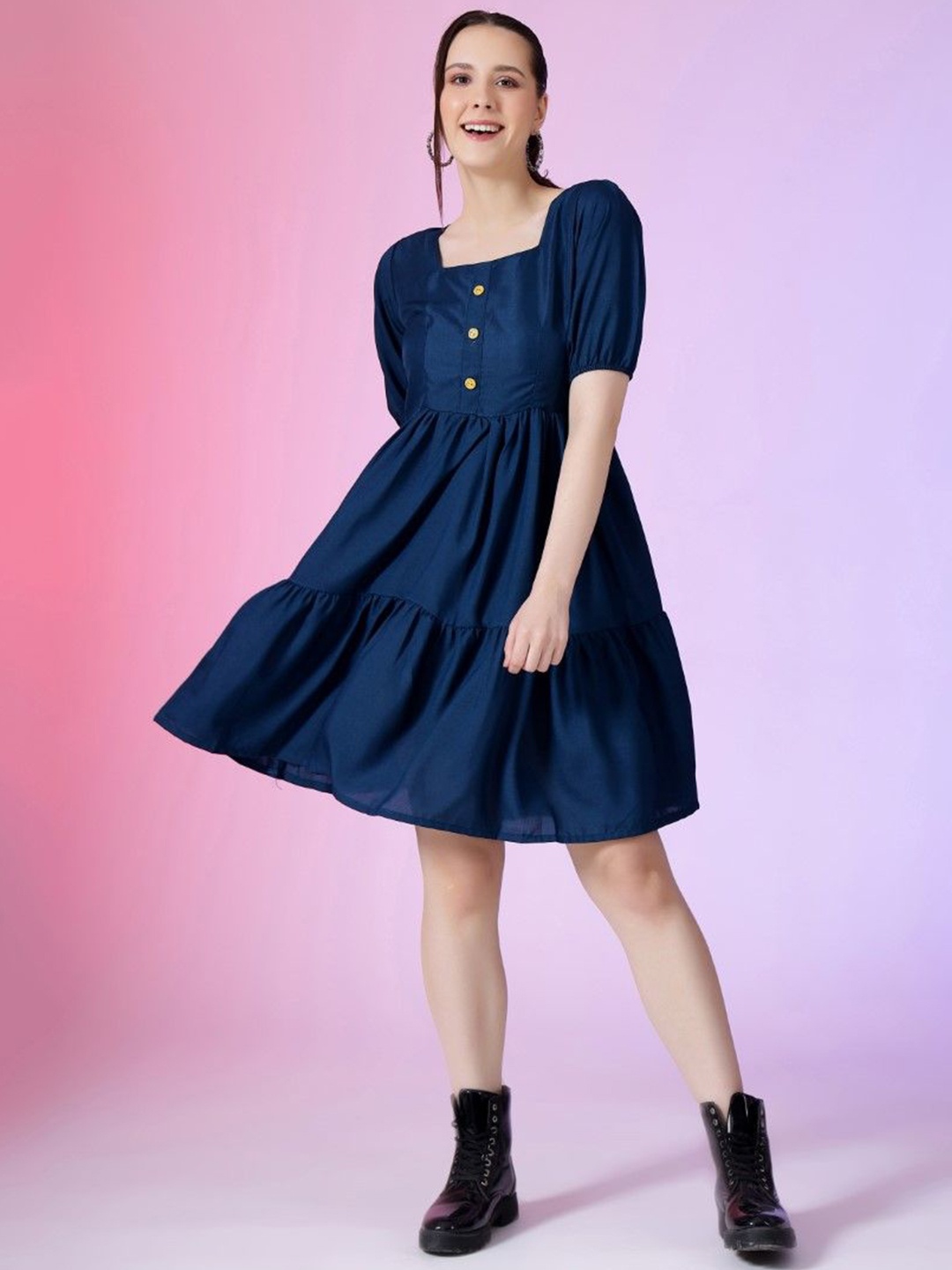 

Femvy Puff Sleeve Applique Fit & Flare Dress, Blue
