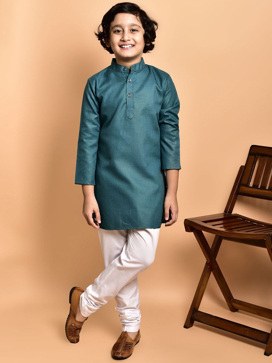 

PRINTCULTR Boys Band Collar Cotton Straight Kurta, Teal