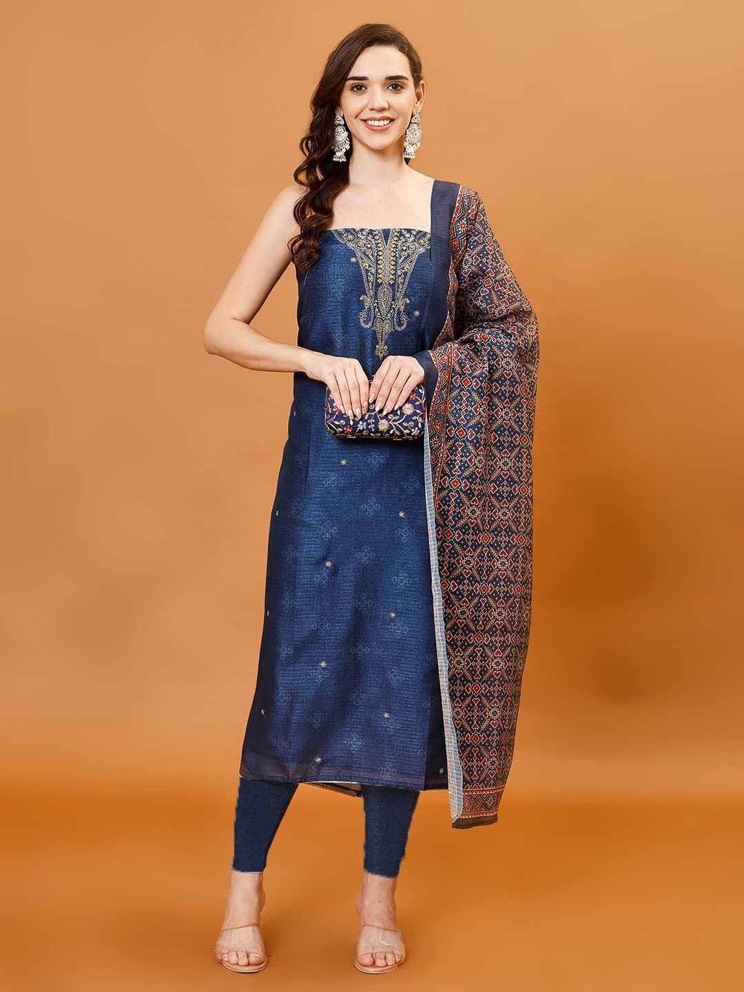 

Meena Bazaar Embroidered Art Silk Unstitched Dress Material, Navy blue