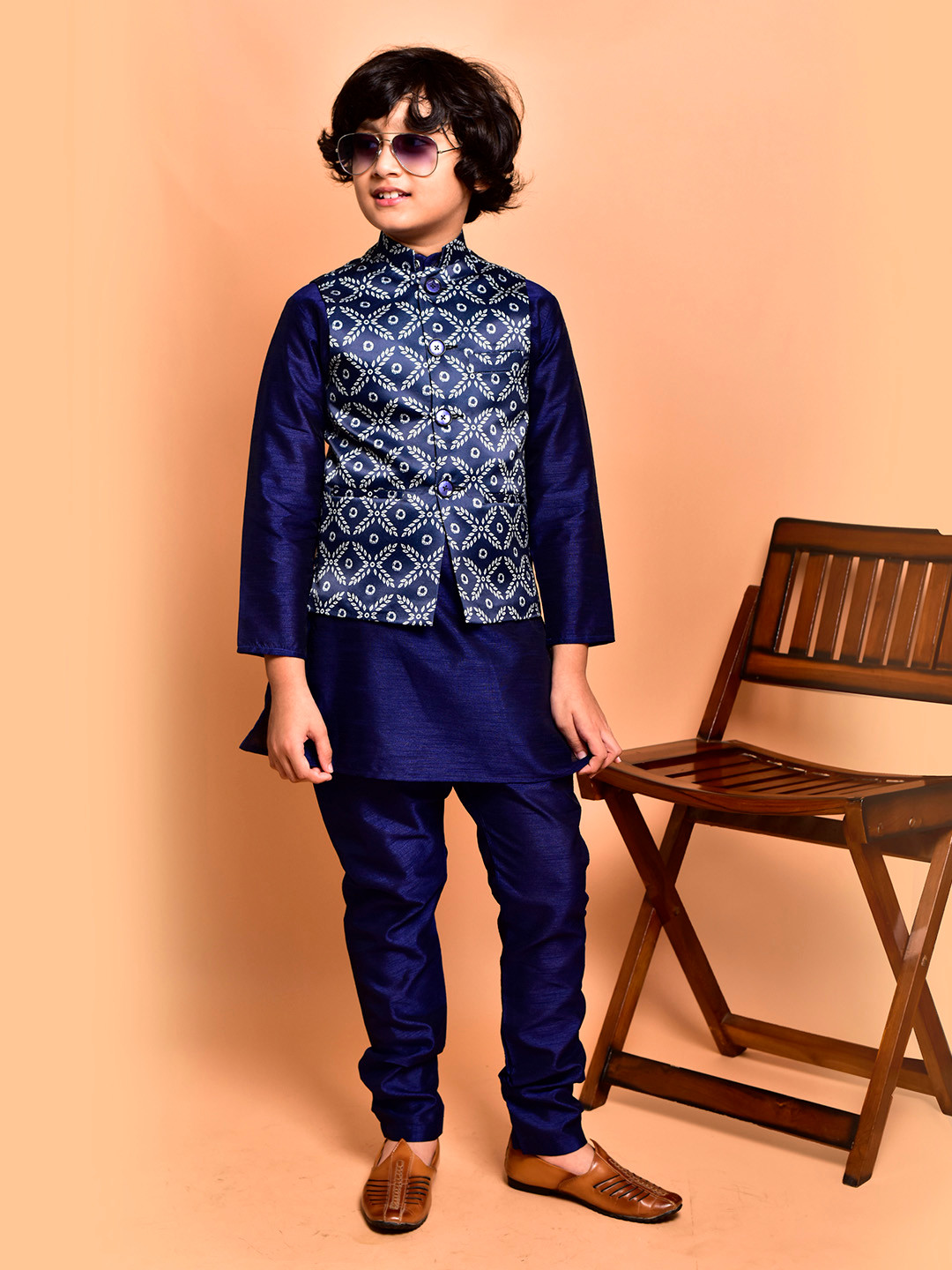 

PRINTCULTR Boys Mandarin Collar Straight Kurta With Churidar And Printed Nehru jacket, Navy blue
