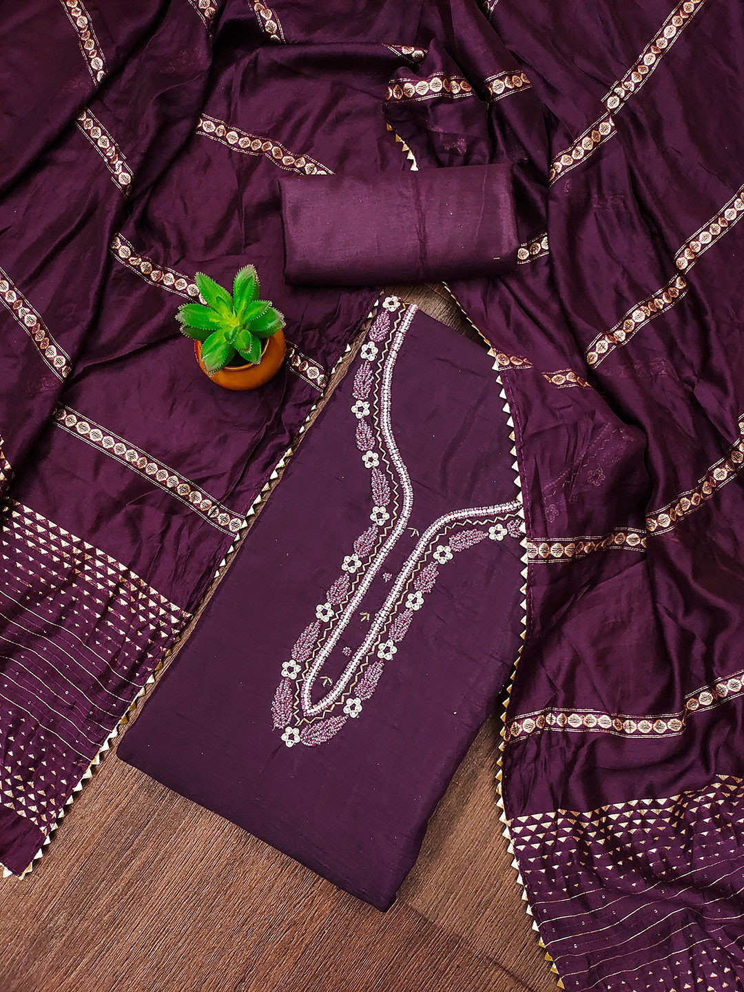 

Maroosh Floral Embroidered Beads and Stones Unstitched Dress Material, Purple