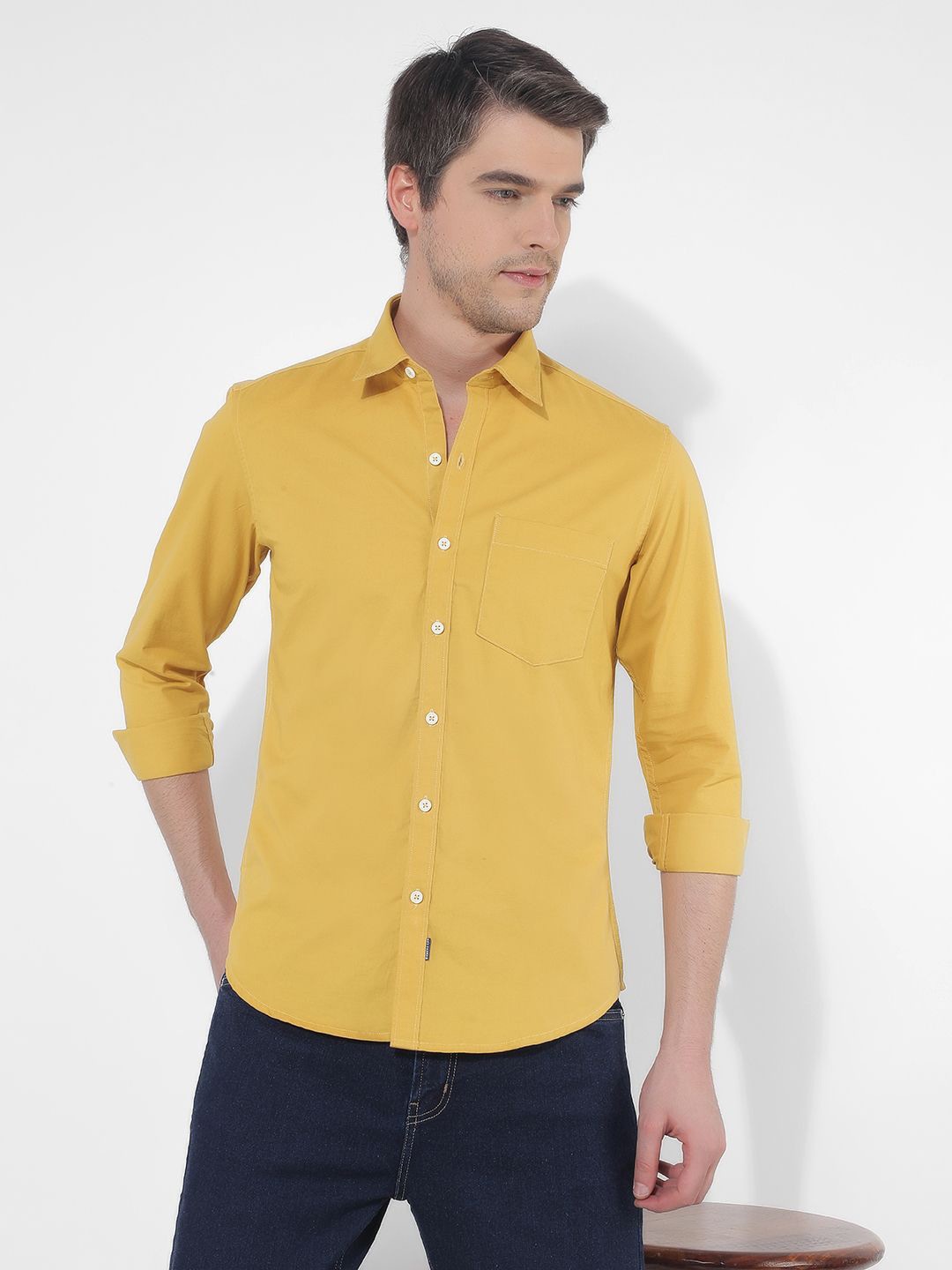 

Numero Uno Men Spread Collar Solid Cotton Slim Fit Casual Shirt, Yellow