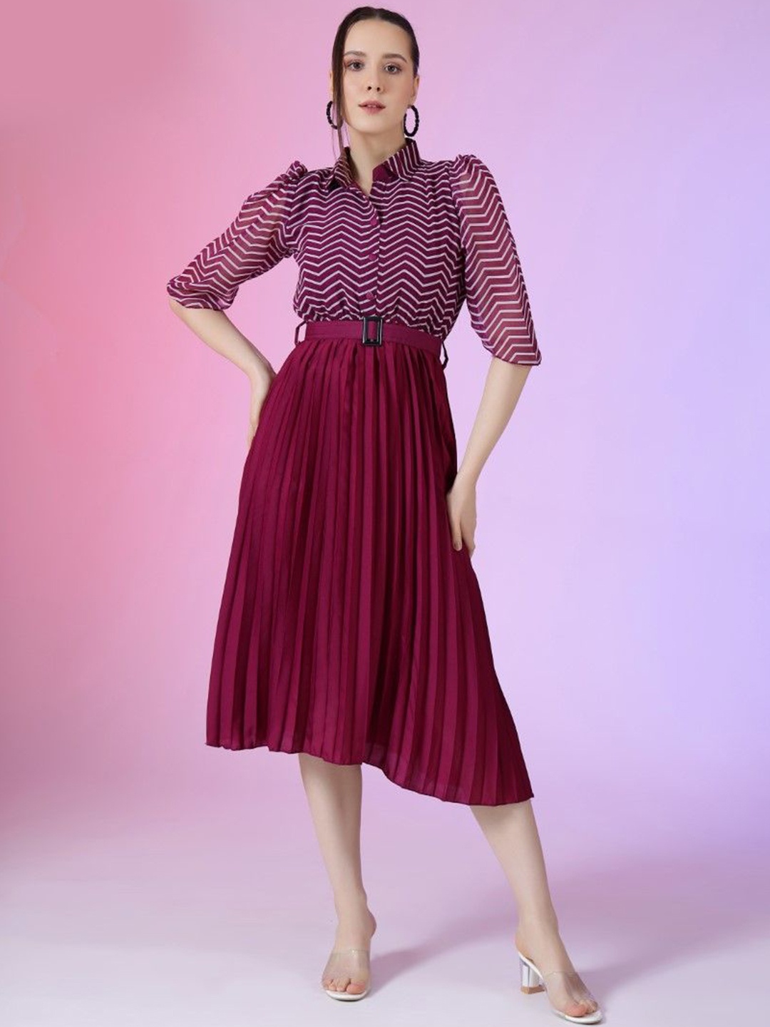 

Raiyani Enterprise Georgette Printed Striped Fit and Flare Dresses Comes with a belt, Magenta